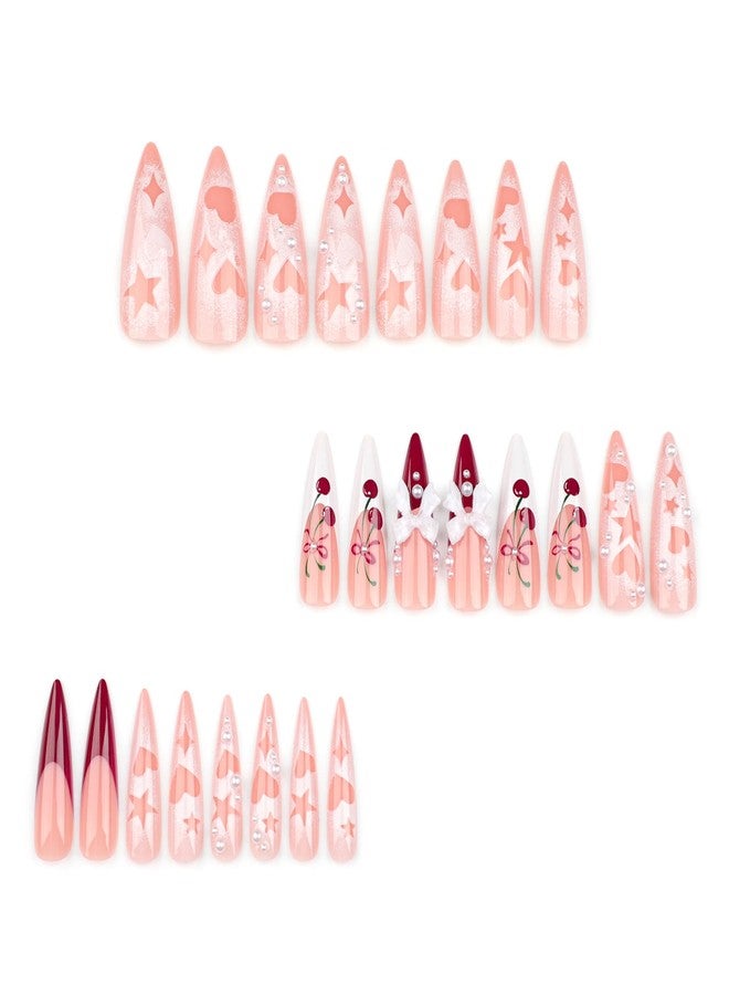 CTTHNBD Long Press Stiletto Pink False French Tip Acrylic Nails with 3D Bow Cherry Design Glue on Heart Star Full Cover Stick on Nails for Women Manicure 24Pcs - Image 4